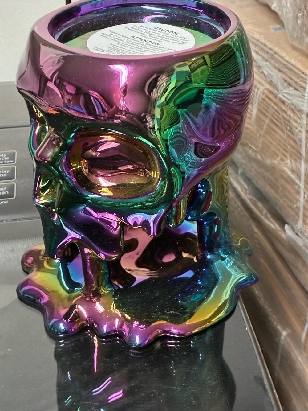 Iridescent Dripping skull 3 Wick candle holder